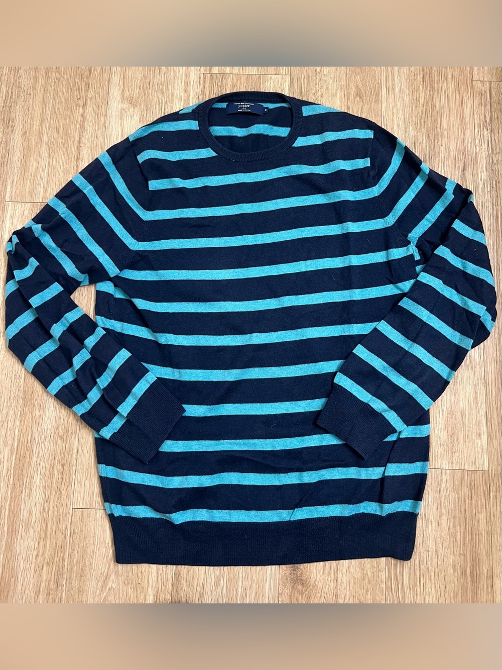 J. Crew Men's Navy and Teal Striped Crewneck Sweater